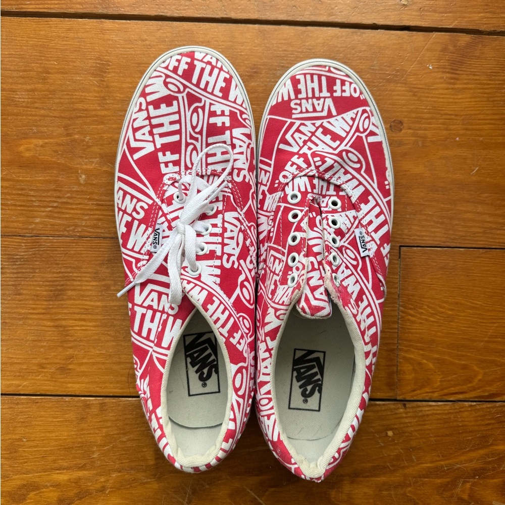 Vans Red and White Graphic Slip-On Sneakers